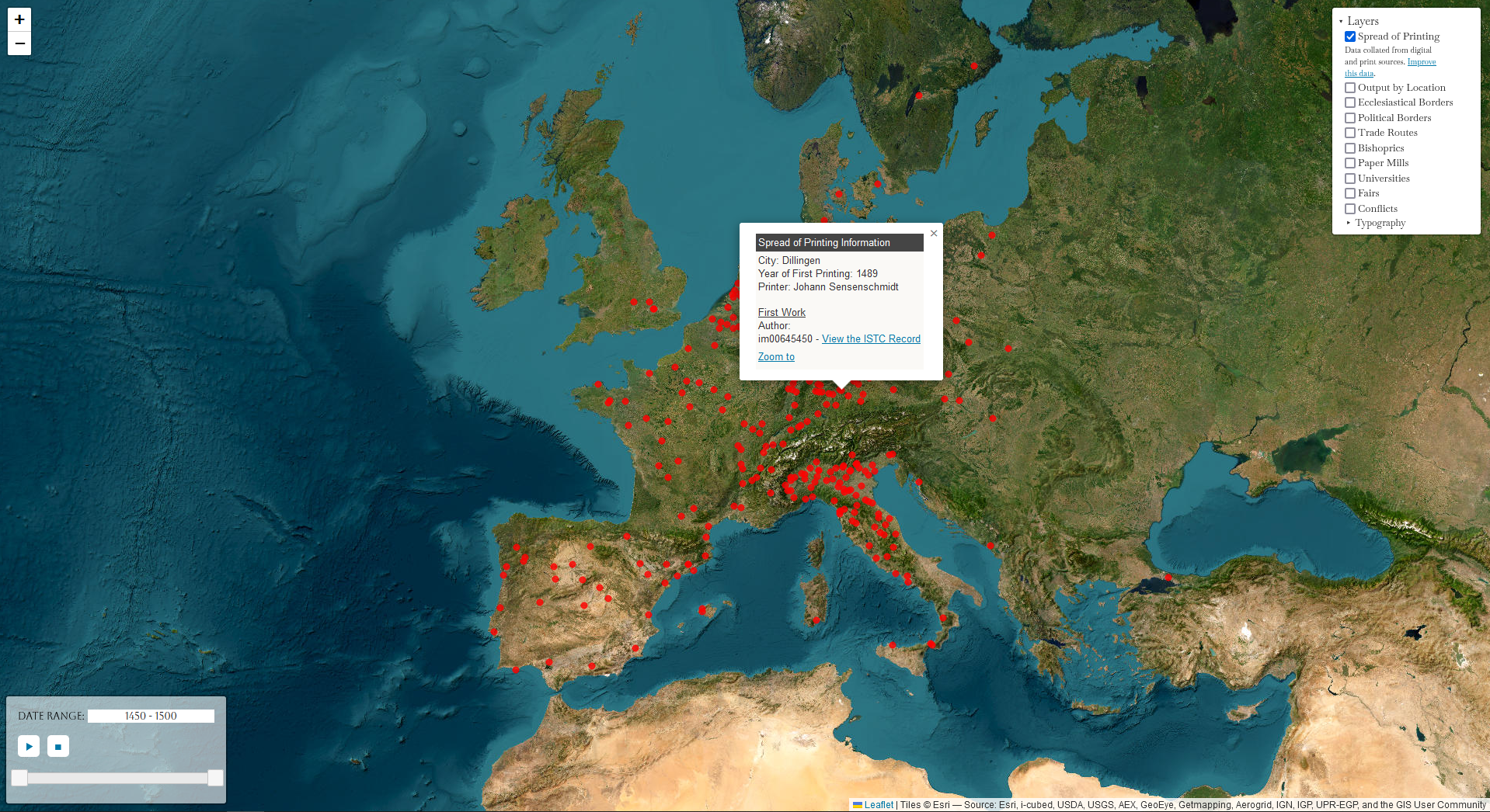 This is a map application showing major advances in printing alongside religious, political, economic, and cultural developments in the late 15th century.